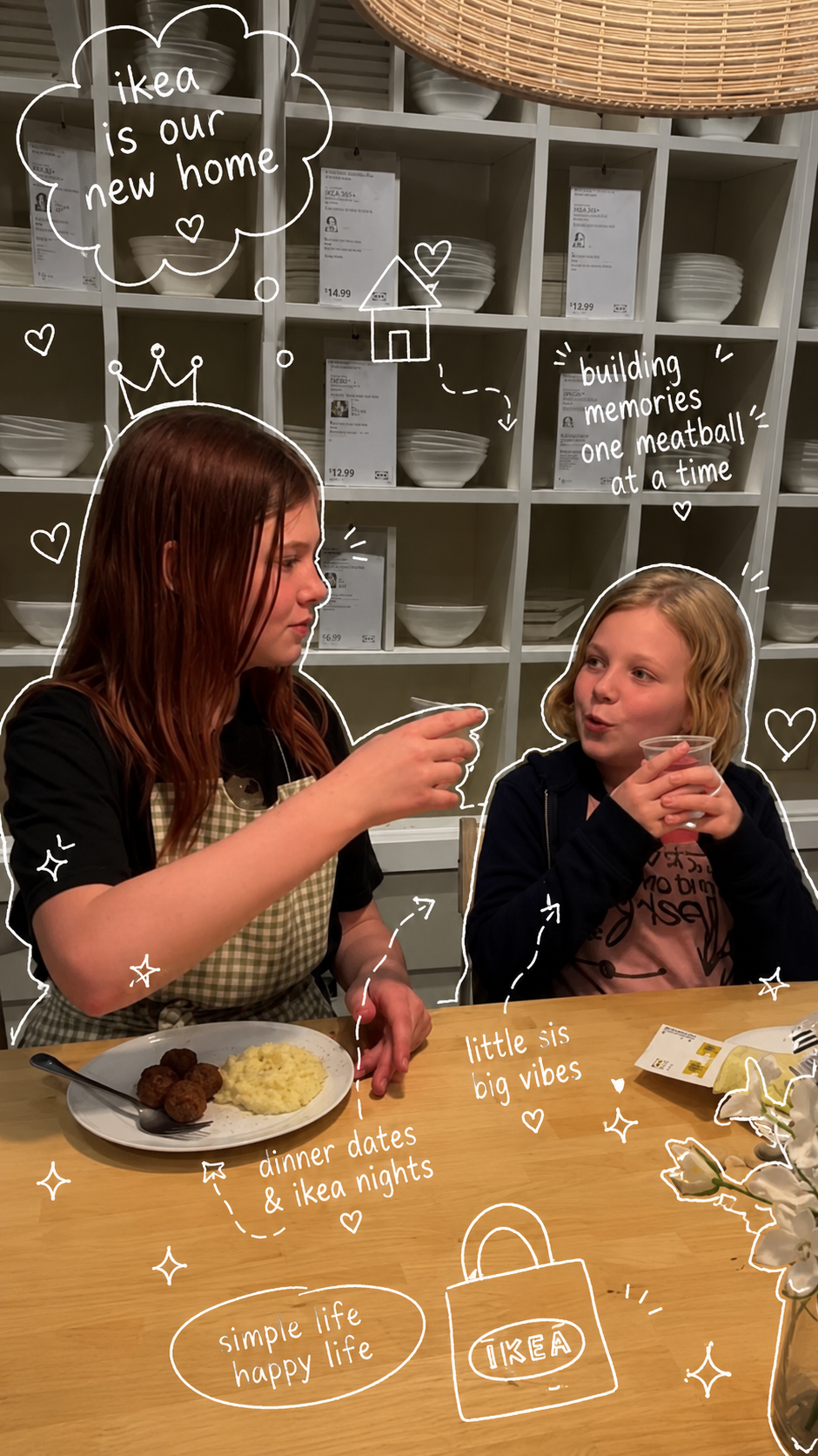 Ruby and Maple sharing meatballs at Ikea with doodles saying 'ikea is our new home'