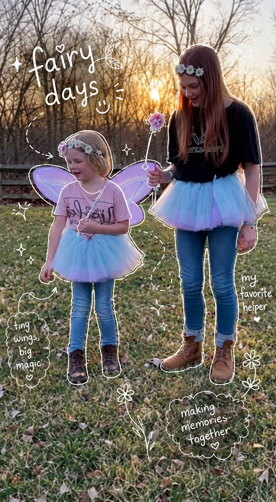 Ruby and Maple in fairy costumes at sunset with hand-drawn doodles