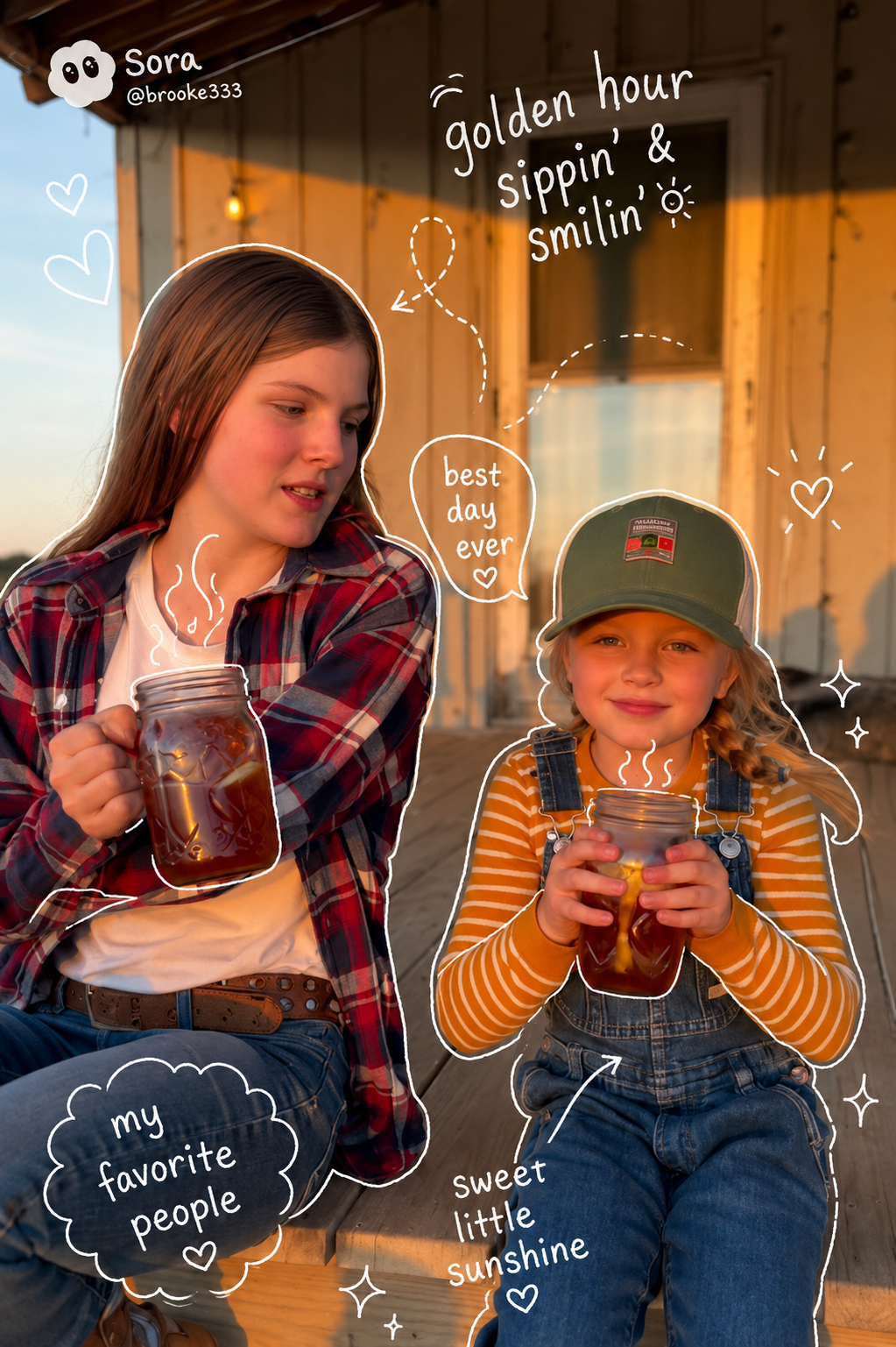 Ruby and Maple on the porch with sweet tea at golden hour