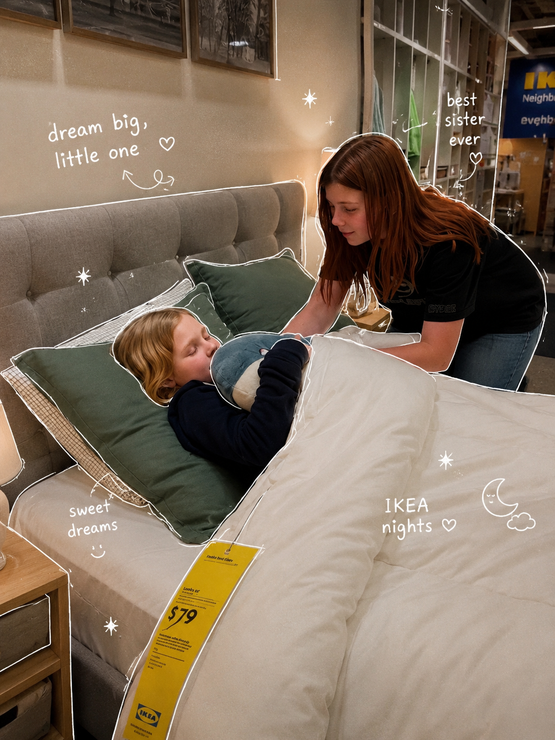 Ruby tucking Maple into an Ikea showroom bed with doodles saying 'dream big, little one', 'sweet dreams', 'IKEA nights', and 'best sister ever'