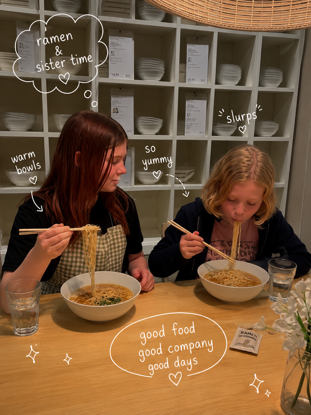 Ruby and Maple slurping ramen at Ikea with 'ramen & sister time' doodle