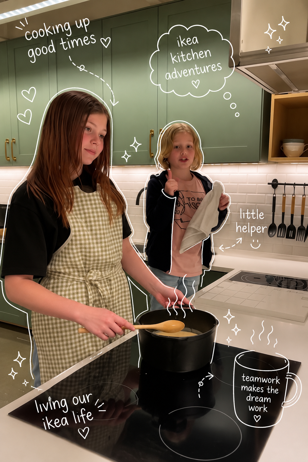 Ruby and Maple cooking together in the Ikea kitchen with doodles saying 'cooking up good times' and 'ikea kitchen adventures'