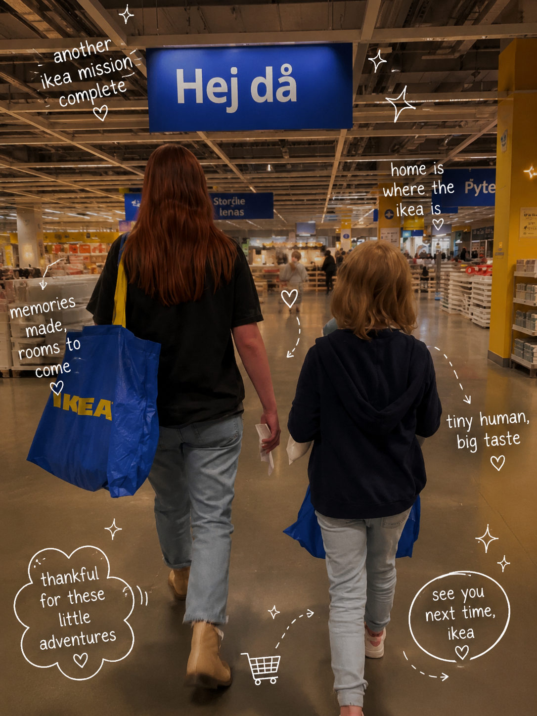 Ruby and Maple walking out under the 'Hej då' sign with an Ikea bag