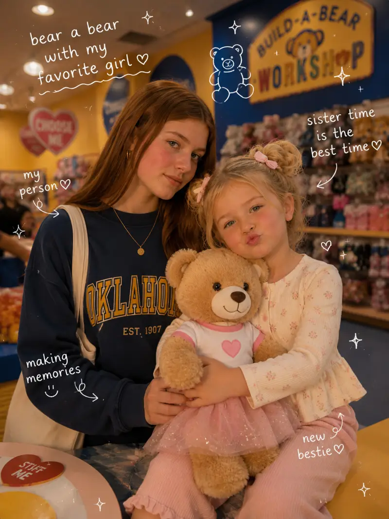 Ruby and Maple holding their newly made teddy bear inside Build-A-Bear Workshop, surrounded by white hand-drawn sister-time doodles